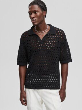 Mode of One Men's Johnny-Collar Open-Stitch Short-Sleeve Sweater, Excl @ Macy's